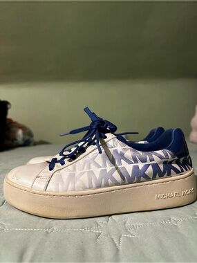 Michael Kors White & Blue MK Monogram Platform Sneakers